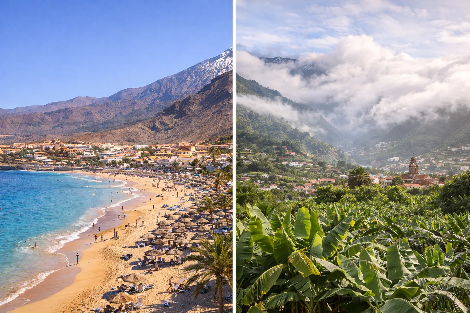 Сравнение погоды на юге и севере Тенерифе: солнечный пляж Коста-Адехе и зелёные склоны Пуэрто-де-ла-Крус