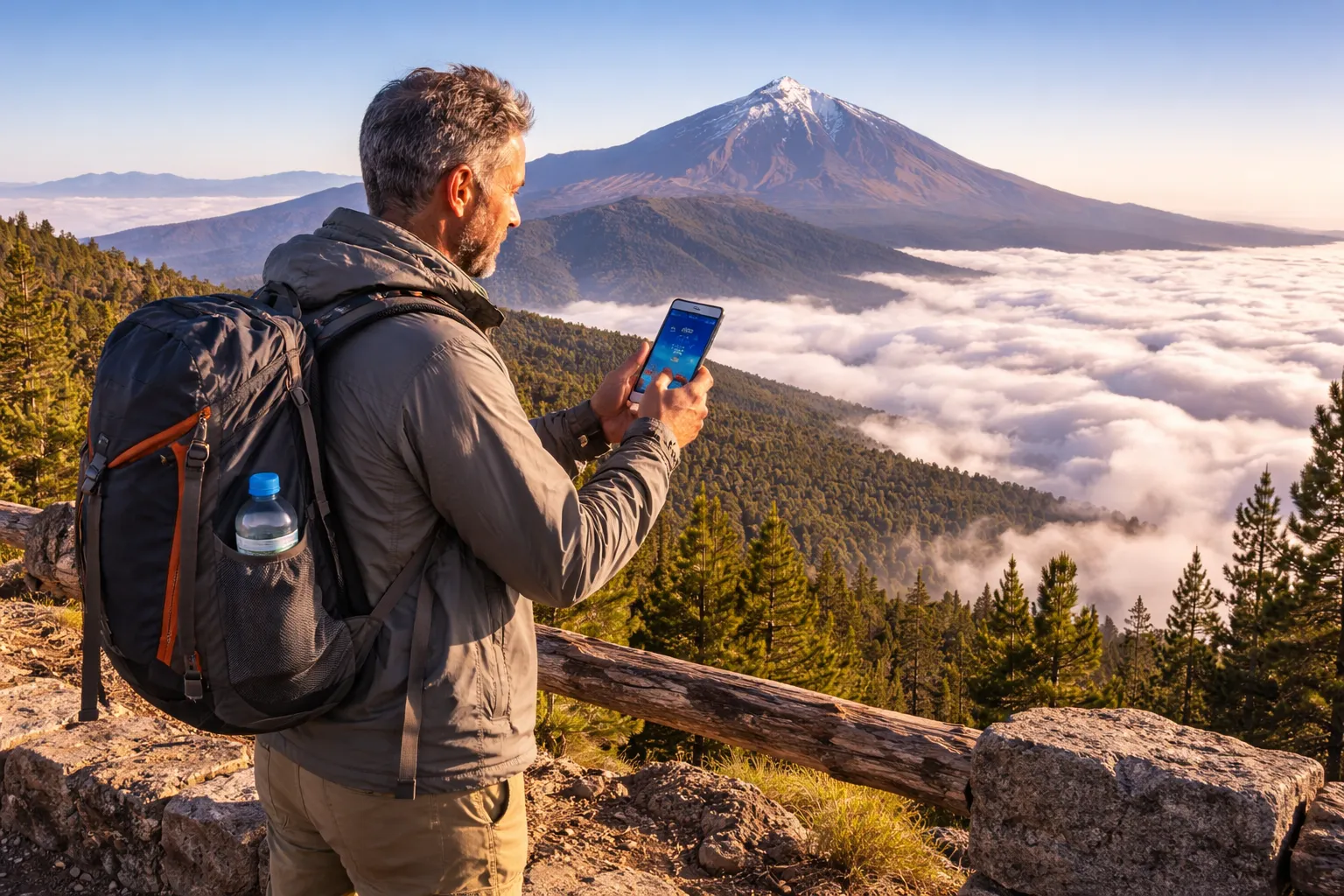 Прогноз погоды на Тенерифе &mdash; турист в национальном парке Тейде над облаками