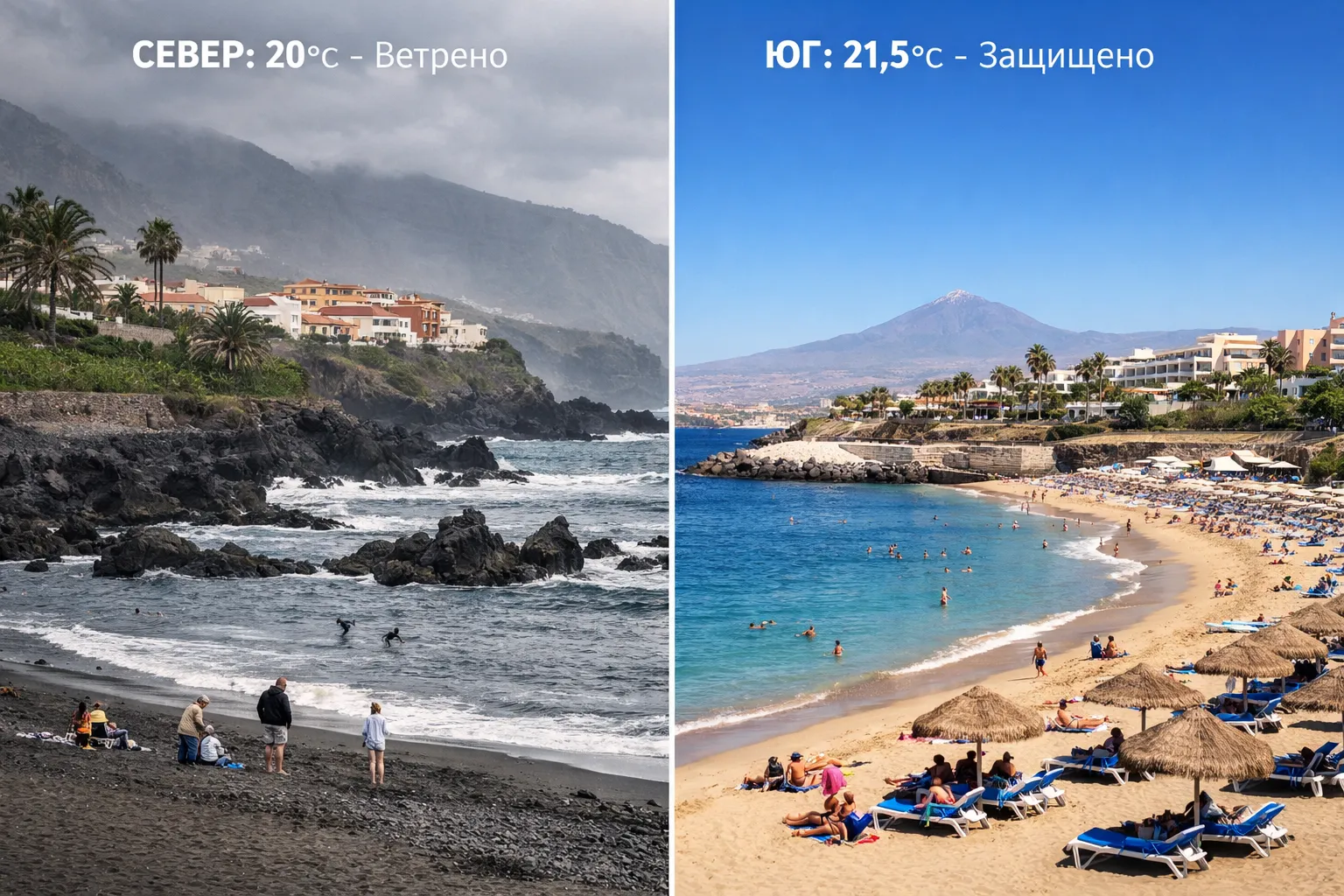 Где теплее вода на Тенерифе — сравнение севера и юга острова Северный и южный пляж Тенерифе — разница температуры воды и климата